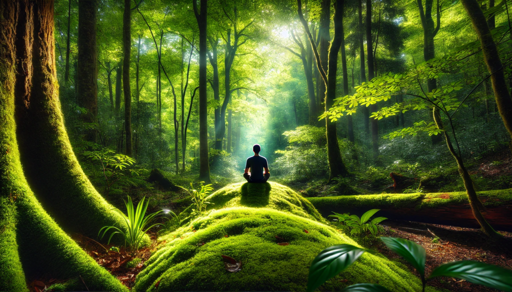 A person sitting calmly in a lush green forest, fully engaged in the practice of forest bathing.