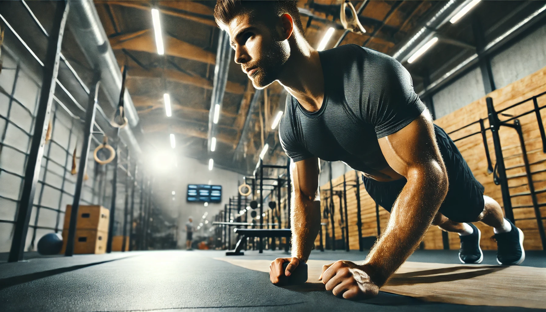 An athlete holding a plank position in a modern gym, highlighting the intensity and strength of isometric exercises.