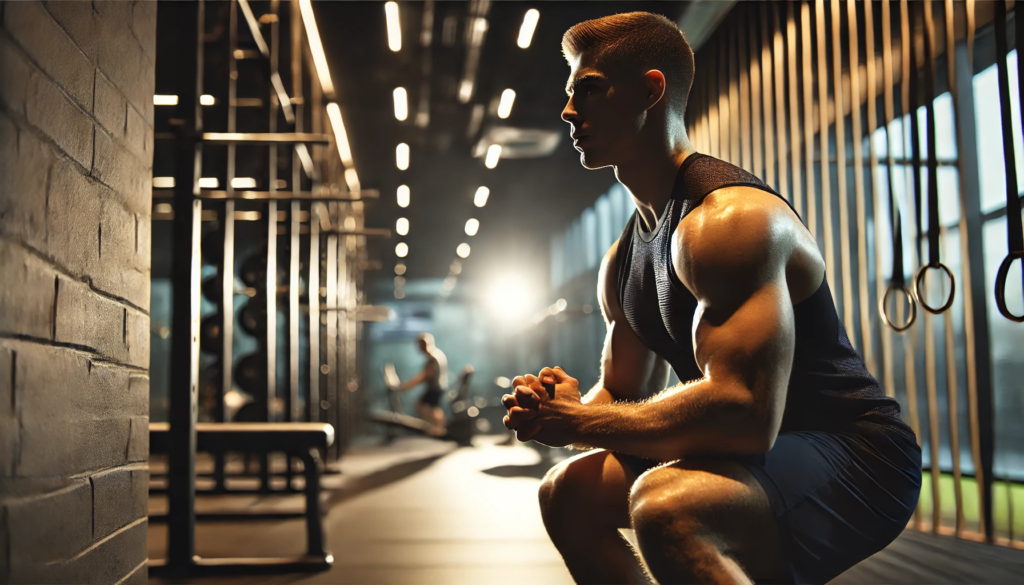 An athlete performing a wall sit in a modern, well-lit gym, showcasing the intensity of isometric exercises