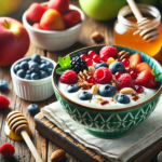 A vibrant bowl of yogurt topped with fresh berries and nuts, representing a healthy probiotic-rich meal.