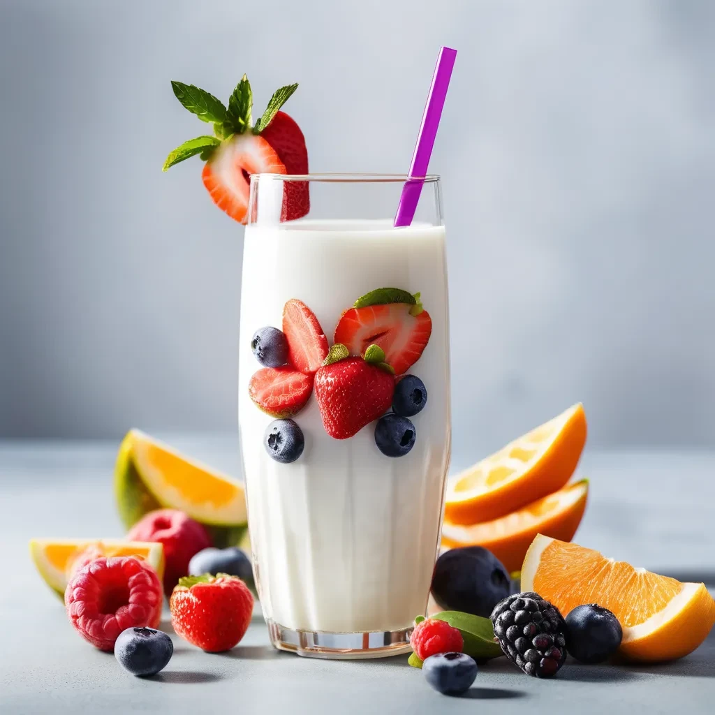 A glass of kefir surrounded by fresh fruits, symbolizing a nutrient-dense and probiotic-rich beverage.