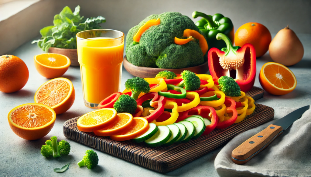 Colorful Sliced Fruits and Vegetables Rich in Vitamin C