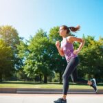 Person jogging outdoors in athletic wear, showcasing energetic exercise.