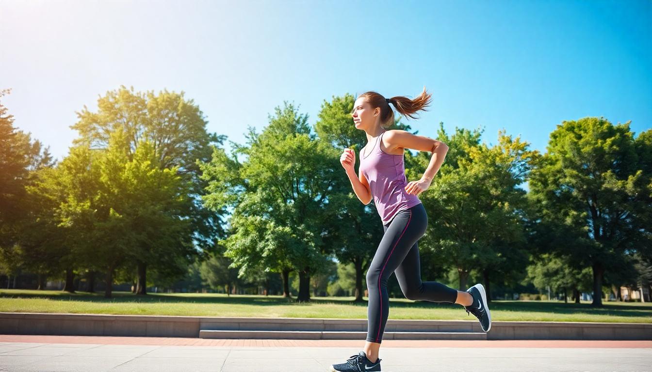 Person jogging outdoors in athletic wear, showcasing energetic exercise.