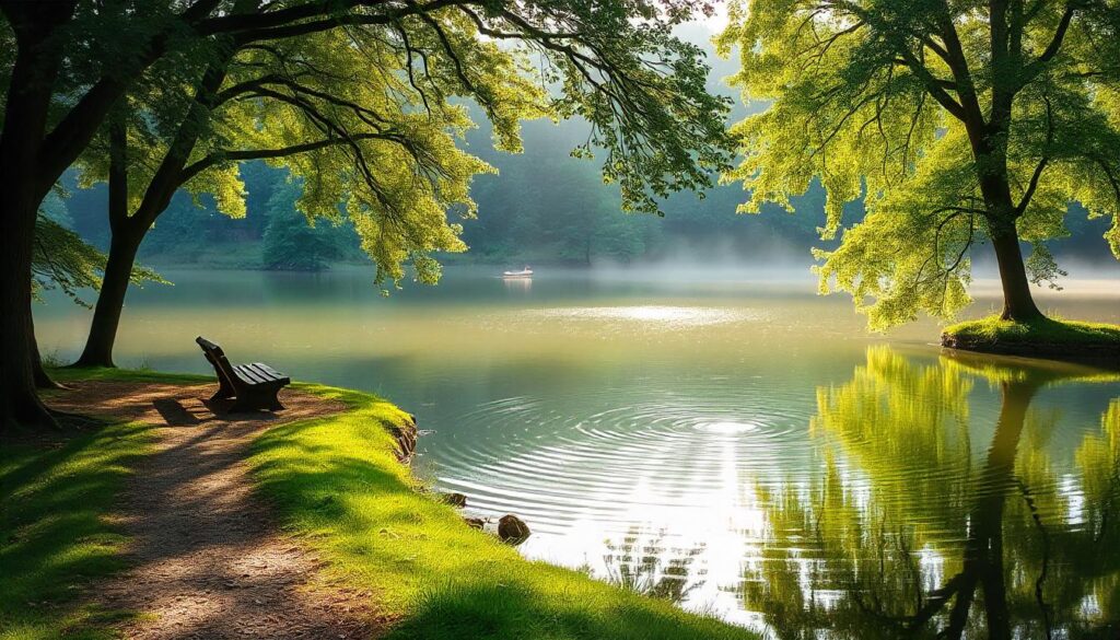 Serene nature scene with a peaceful forest or lakeside, illustrating stress management.