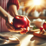 Hand holding an apple to symbolize starting the day with healthy habits.