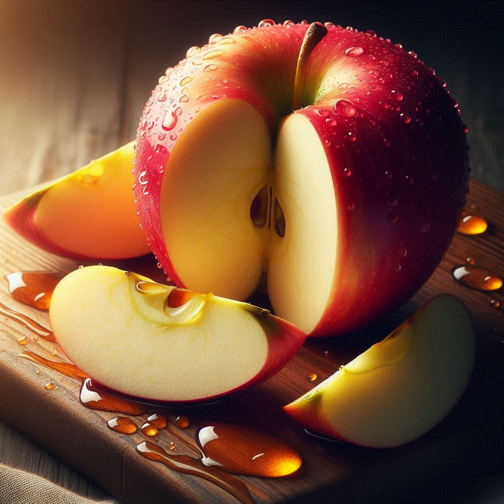 Close-up of a sliced apple to represent its fiber and antioxidant benefits.