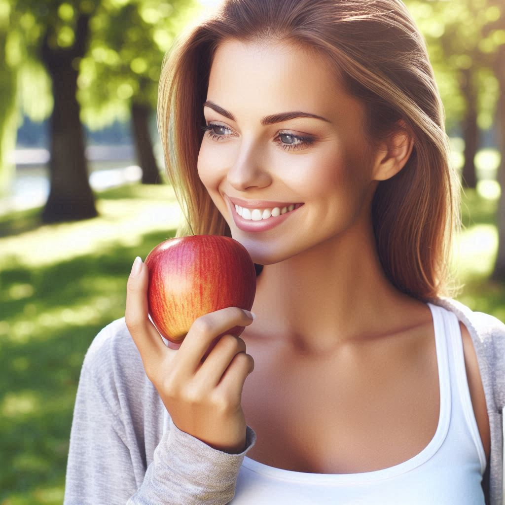 Woman eating an apple outdoors, showing the benefits of a healthy routine.