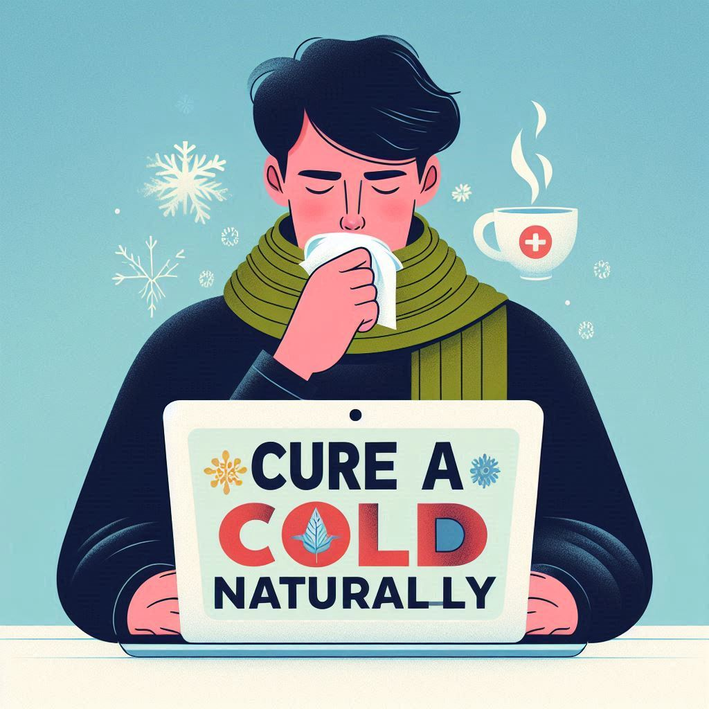 A picture shows a person with a cold with the words 'cure a cold naturally' in the picture