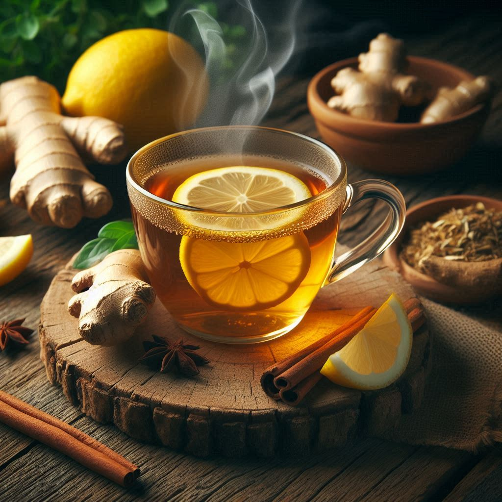 A cup of ginger and lemon herbal tea known for its cold relief benefits.