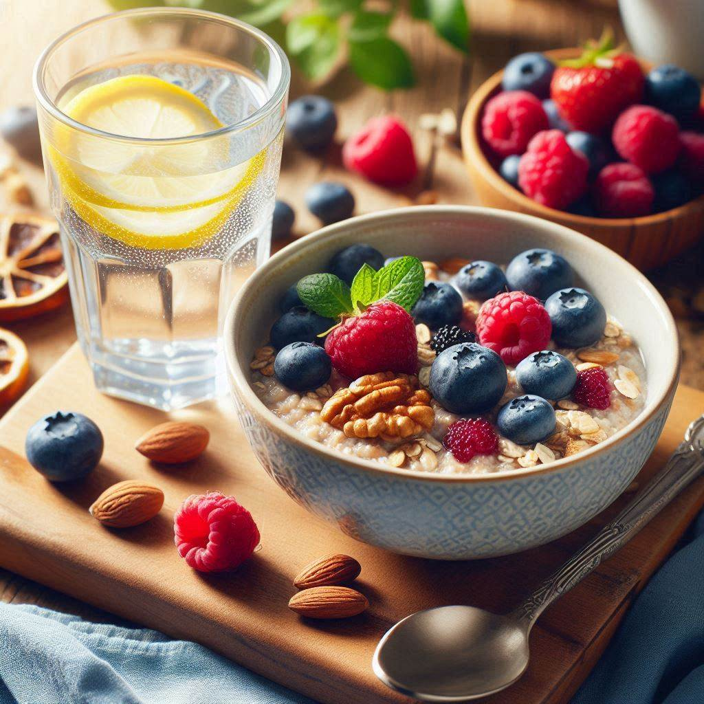 Glass of lemon water and a bowl of oatmeal with berries.