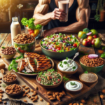 Vibrant spread of protein-packed foods including chicken, quinoa salad, almonds, and Greek yogurt