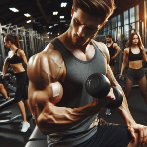 Man performing a bicep curl with dumbbells, demonstrating muscle strength.