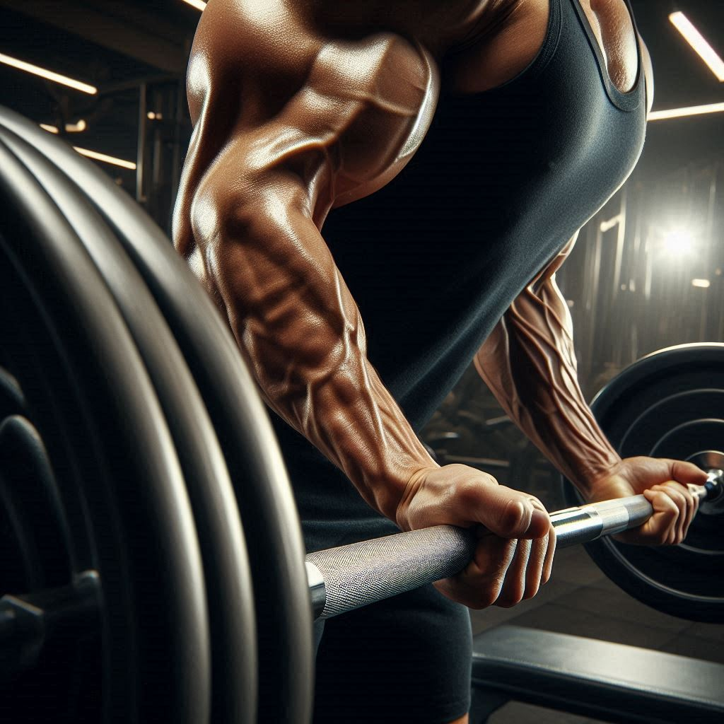 Close-up of barbell curl during a bicep workout.