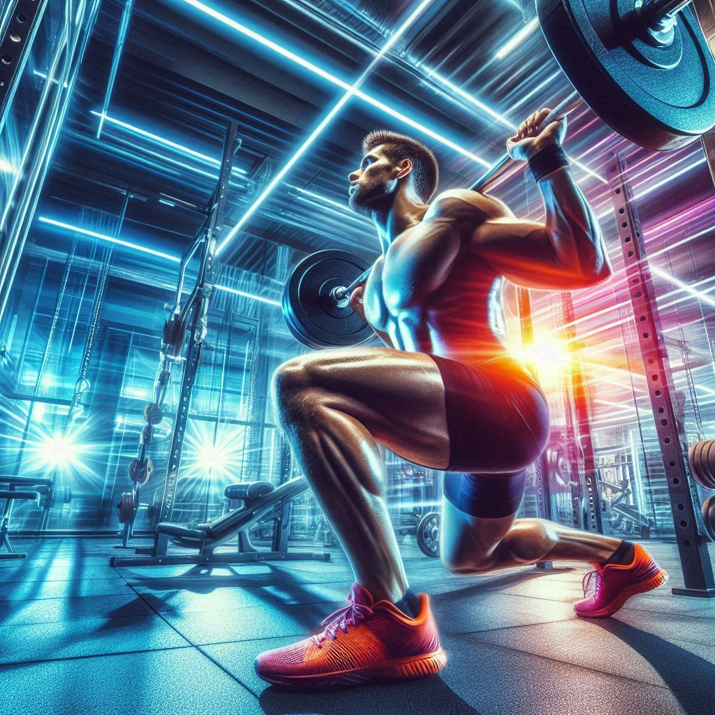 An athlete performing squats with a barbell in a modern gym